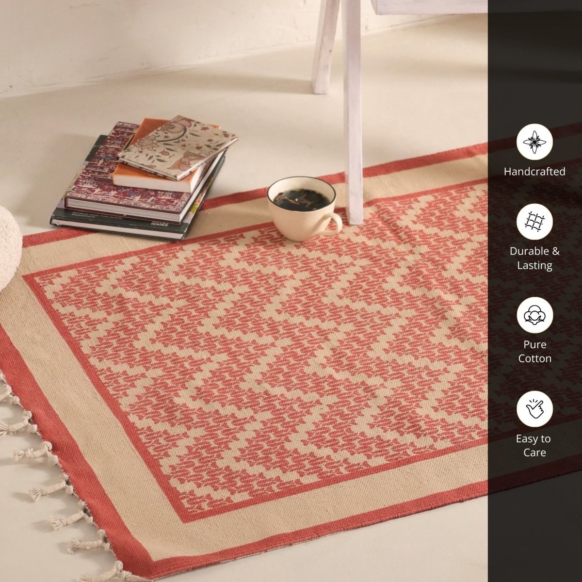 Pure Cotton Rug in size 3X5ft in Ivory and Coral Chevron Pattern | Ideal for Living Room and Bedroom | Dry Clean only | Chintz Collection