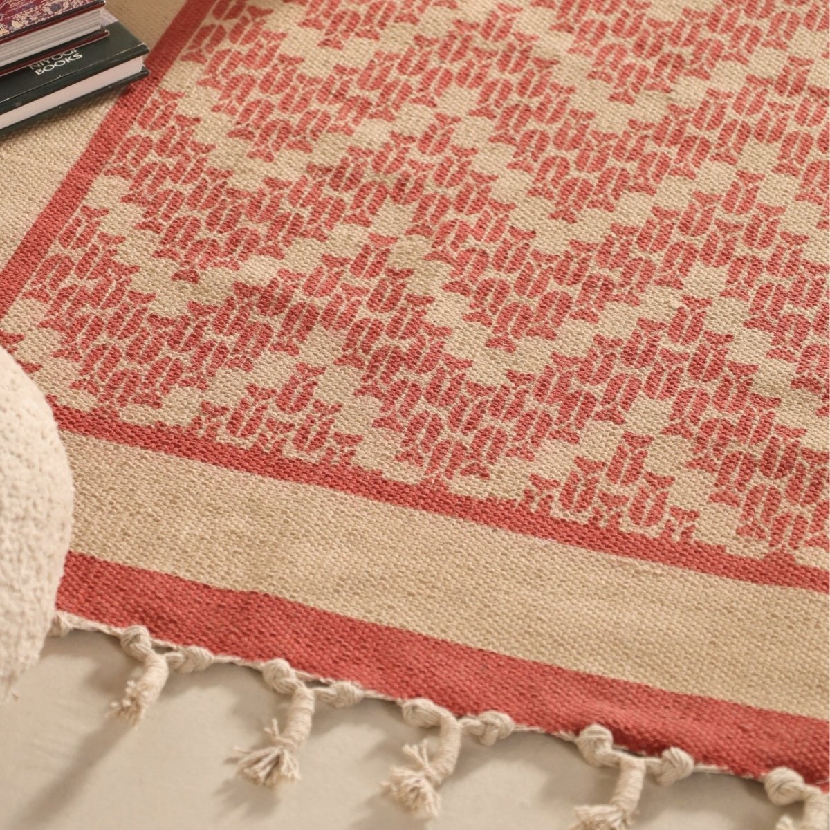 Pure Cotton Rug in size 3X5ft in Ivory and Coral Chevron Pattern | Ideal for Living Room and Bedroom | Dry Clean only | Chintz Collection