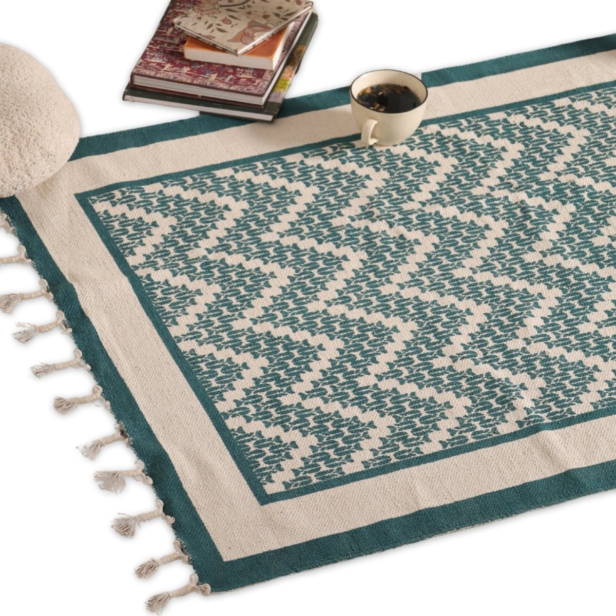 Pure Cotton Rug in size 3X5ft in Ivory and Green Chevron Pattern | Ideal for Living Room and Bedroom | Dry Clean only | Chintz Collection