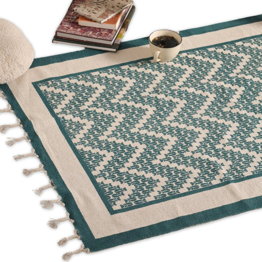 Pure Cotton Rug in size 3X5ft in Ivory and Green Chevron Pattern | Ideal for Living Room and Bedroom | Dry Clean only | Chintz Collection