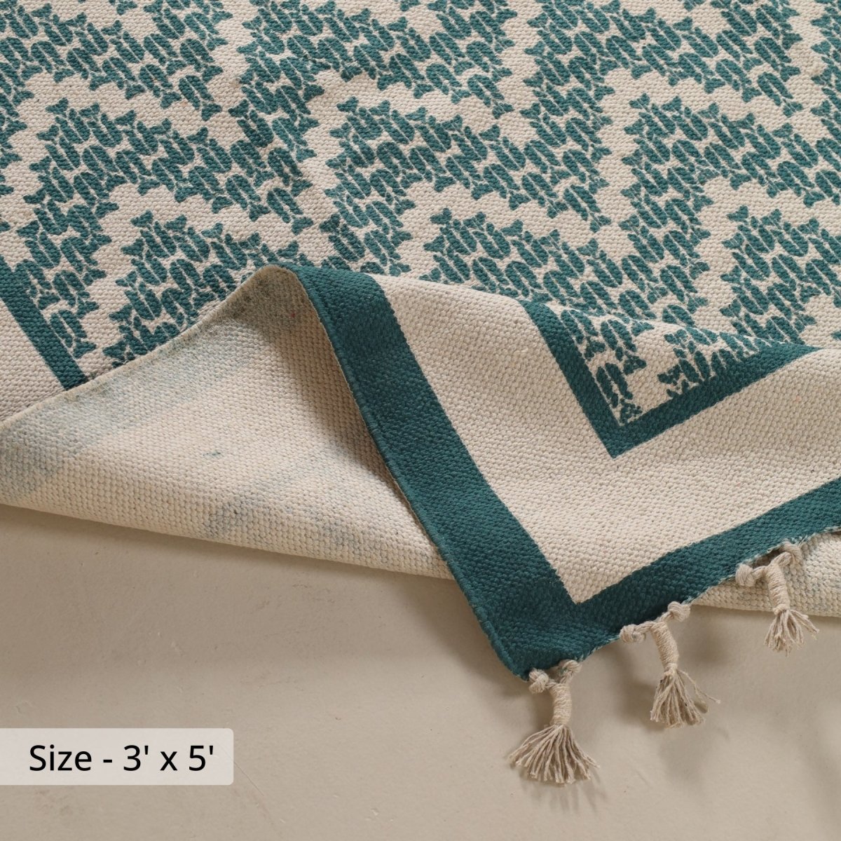 Pure Cotton Rug in size 3X5ft in Ivory and Green Chevron Pattern | Ideal for Living Room and Bedroom | Dry Clean only | Chintz Collection