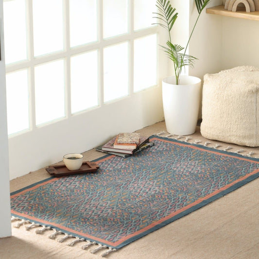 Pure Cotton Rug in size 3X5ft in Navy| Coral and Powder Blue| Ideal for Living Room or Bedroom | Dry Clean only | Chintz Collection
