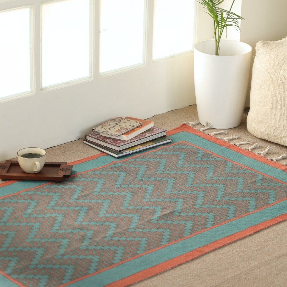Pure Cotton Rug in size 3X5ft in Teal and Coral | Ideal for Living Room and Bedroom | Dry Clean only | Chintz Collection