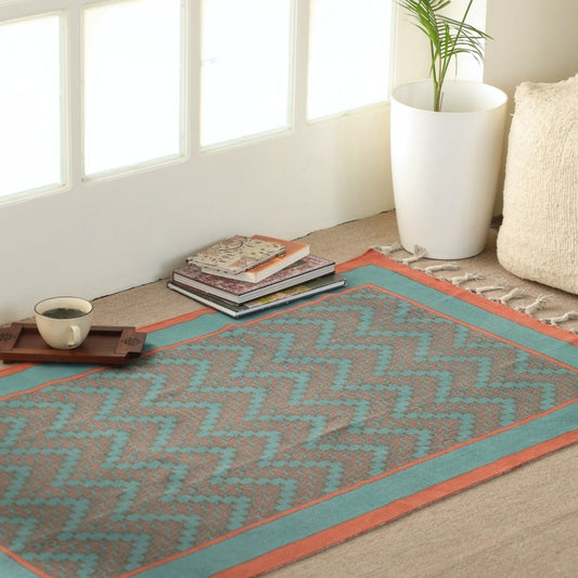 Pure Cotton Rug in size 3X5ft in Teal and Coral | Ideal for Living Room and Bedroom | Dry Clean only | Chintz Collection