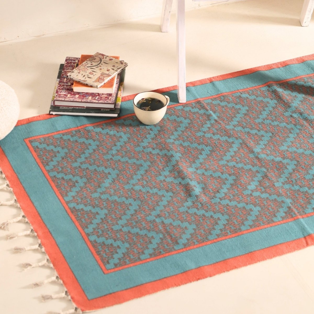 Pure Cotton Rug in size 3X5ft in Teal and Coral | Ideal for Living Room and Bedroom | Dry Clean only | Chintz Collection