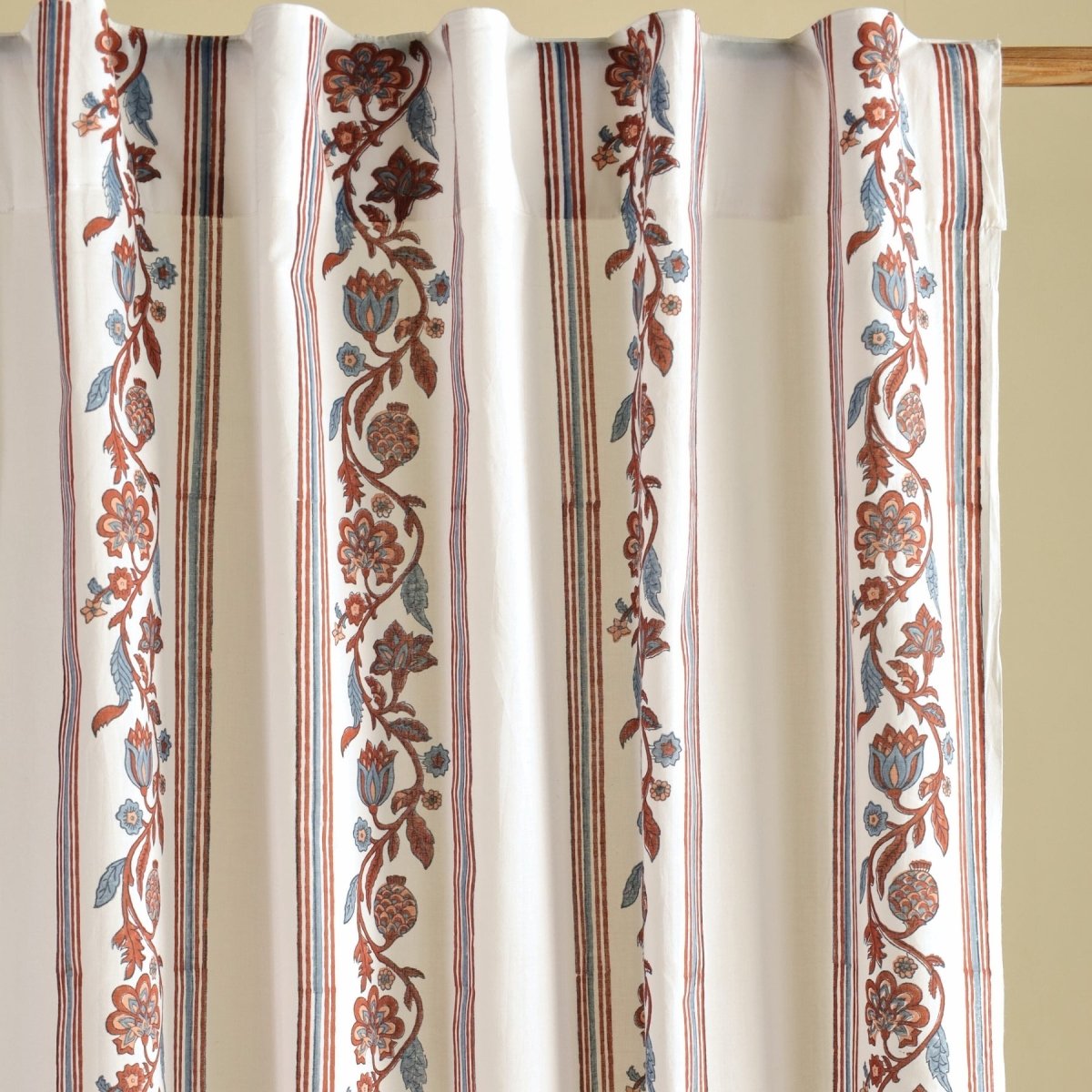 Pure Cotton Sheer Door Curtain in 7ft |Off White Brick Red and Navy | Striped Floral Pattern | Gentle Machine or Hand Wash| Chintz collection