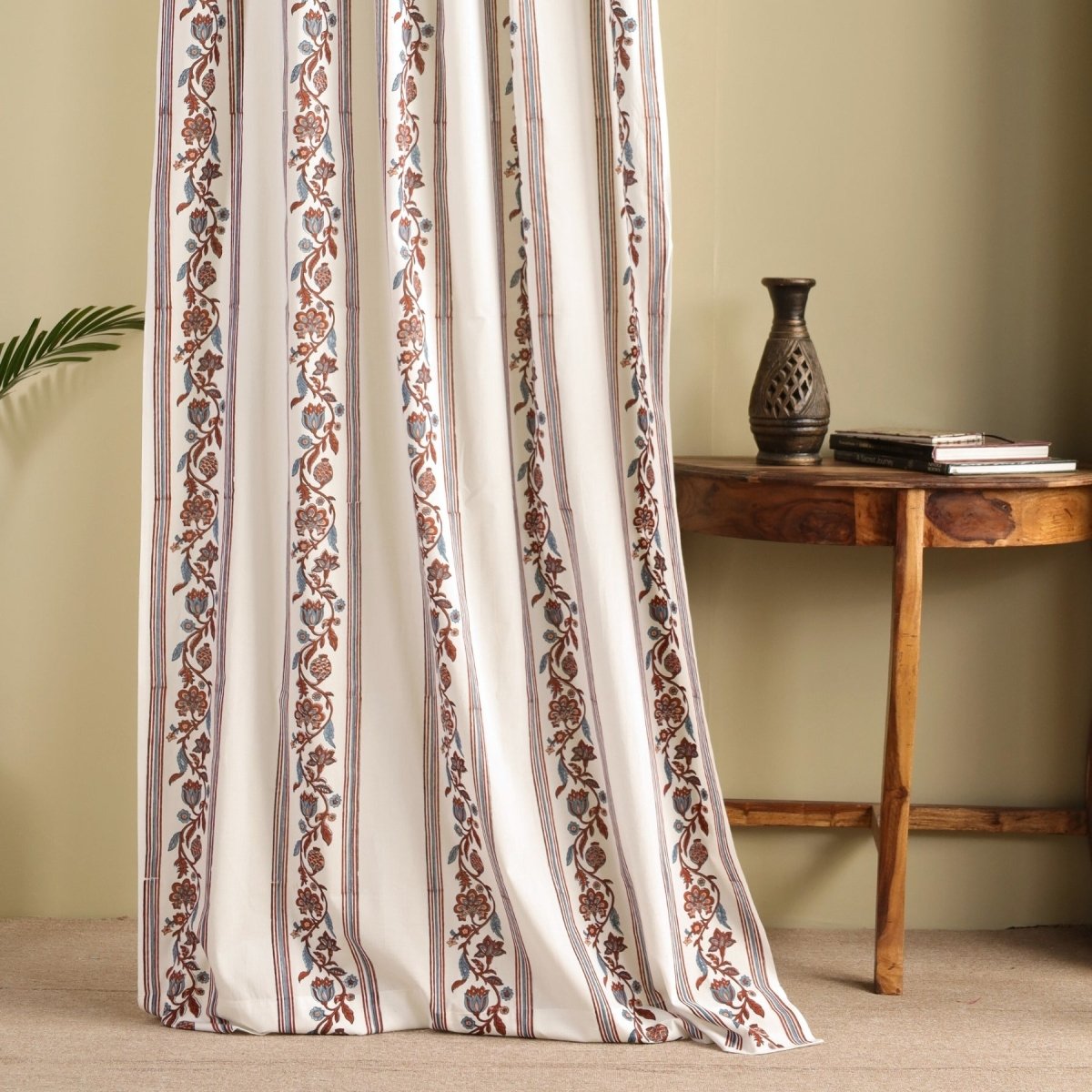 Pure Cotton Sheer Door Curtain in 7ft |Off White Brick Red and Navy | Striped Floral Pattern | Gentle Machine or Hand Wash| Chintz collection
