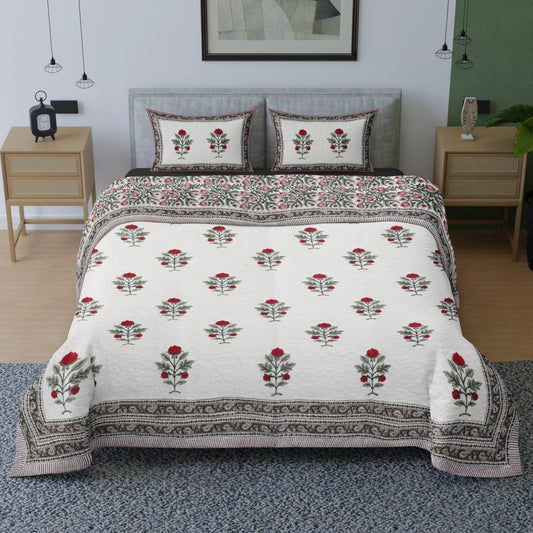 Quilted Double Bed Cover in Fine Cotton | Reversible Handprinted with Bright Floral | Handmade in India