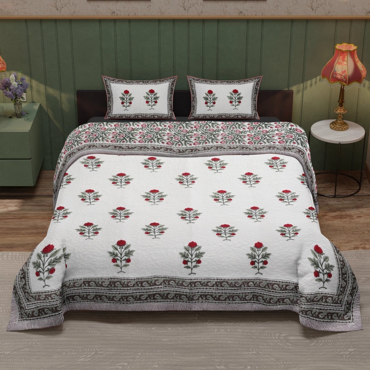 Reversible Handprinted with Bright Floral Quilted Double Bed Cover in Fine Cotton
