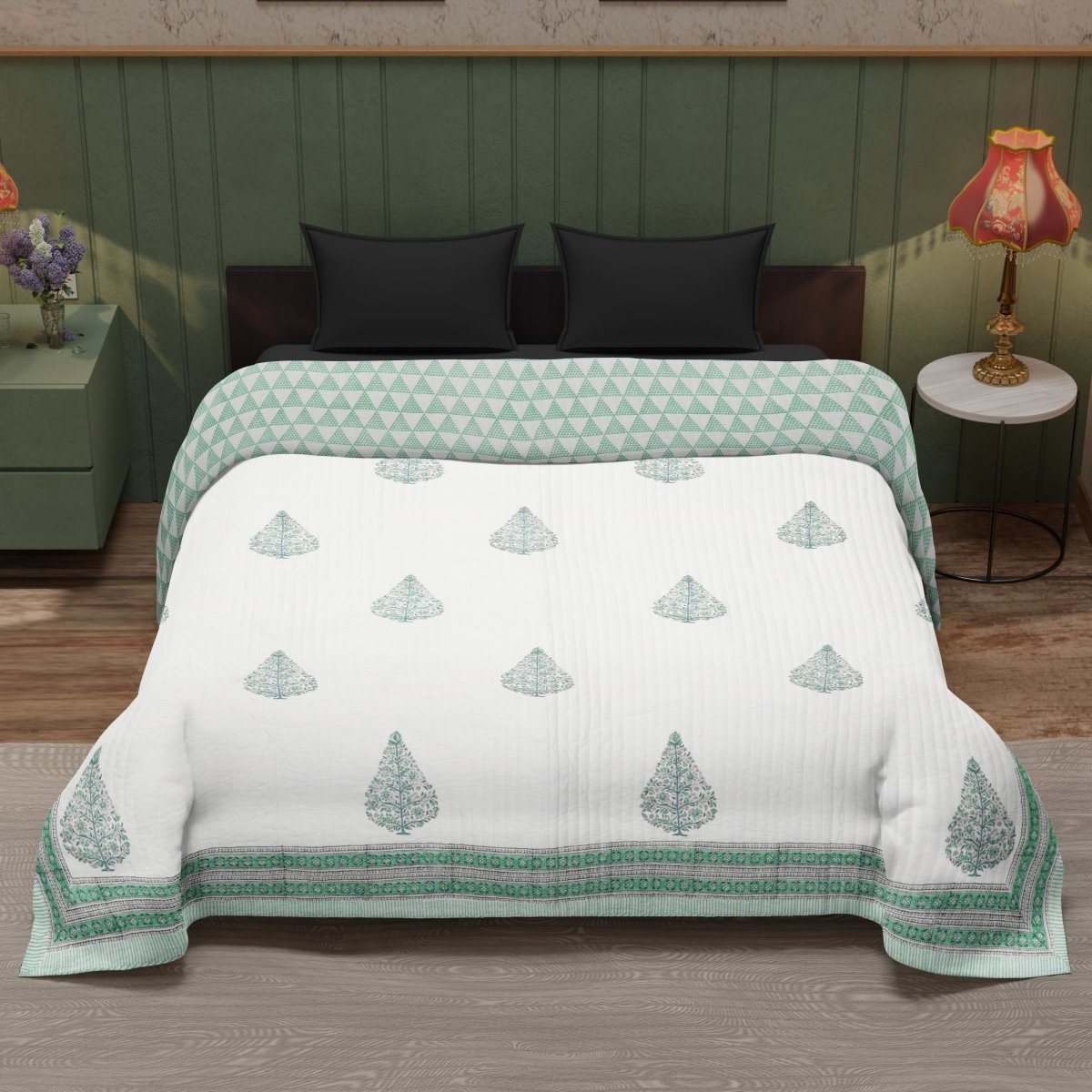 Quilted Double Bed Cover in Fine Cotton | Reversible Handprinted with Ornate Trees | Handmade in India