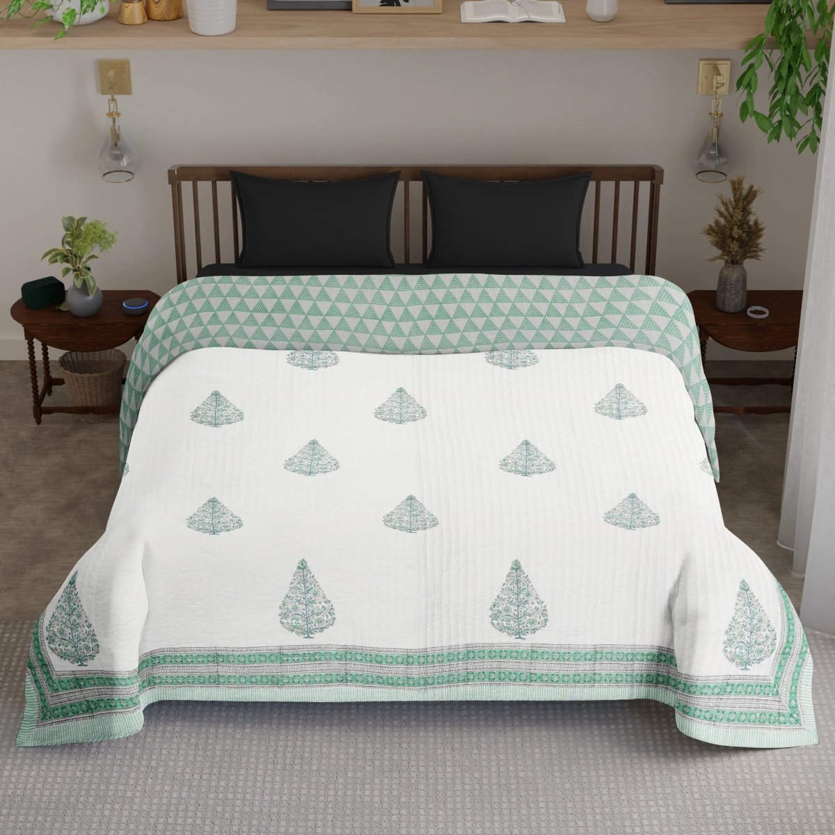 Home setup image of Quilted Double Bed Cover in Fine Cotton | Reversible Handprinted with Ornate Trees | Handmade in India