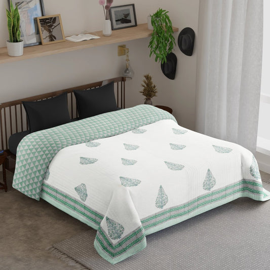 Quilted Double Bed Cover in Fine Cotton | Reversible Handprinted with Ornate Trees | Handmade in India