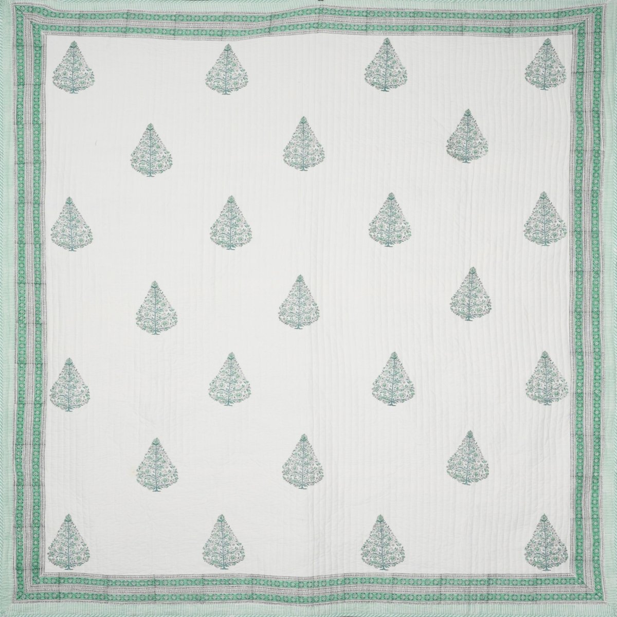 top view of Reversible Handprinted Quilted Double Bed Cover with Ornate Trees