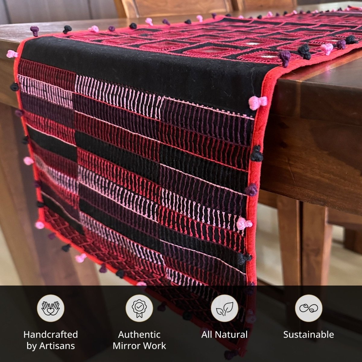 Red & Black Handwoven Mirror & Thread-Work Table Runner