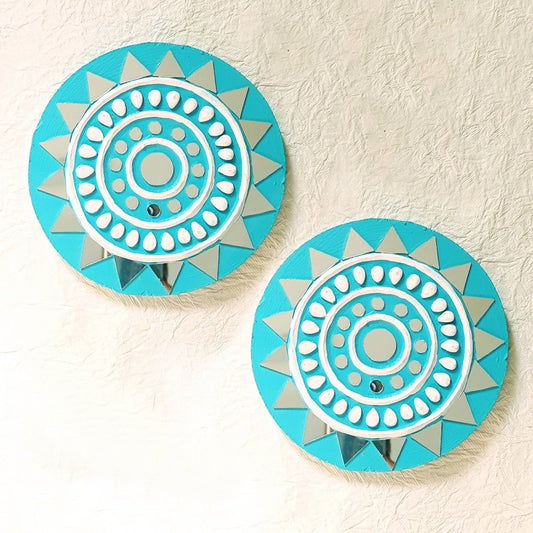 Set of 2 round turquoise handcrafted mud and mirror work wall decor pieces