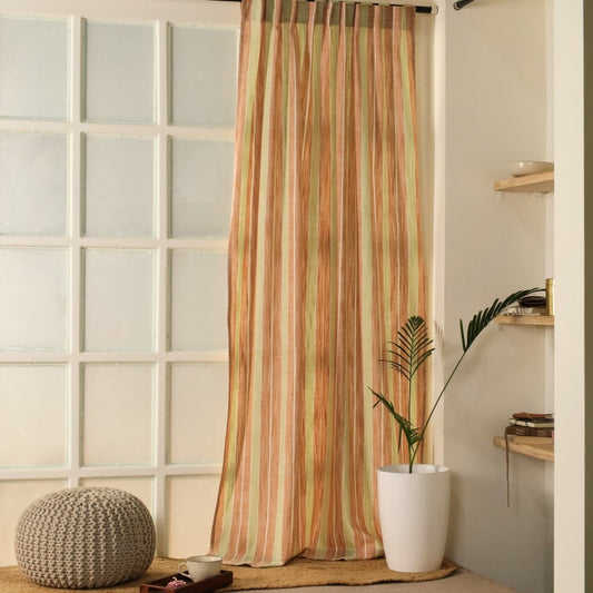Rust & Green Handwoven Cotton Striped Curtain | 7 ft/9 ft Length