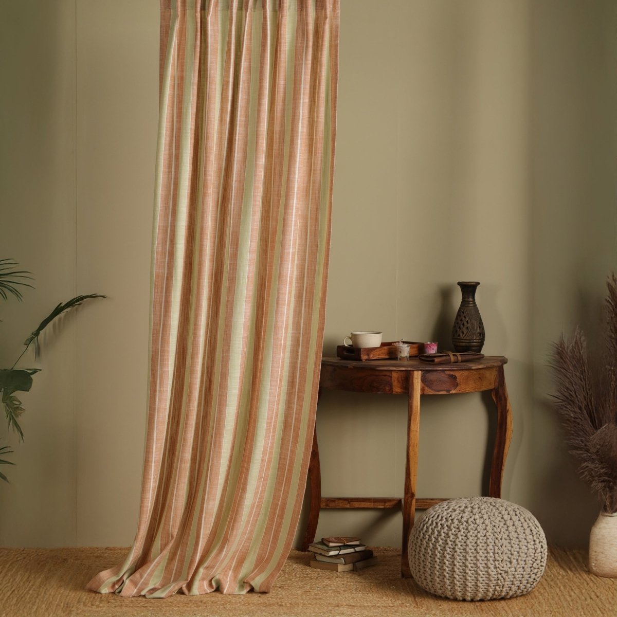 Rust & Green Handwoven Cotton Striped Curtain | 7 ft/9 ft Length