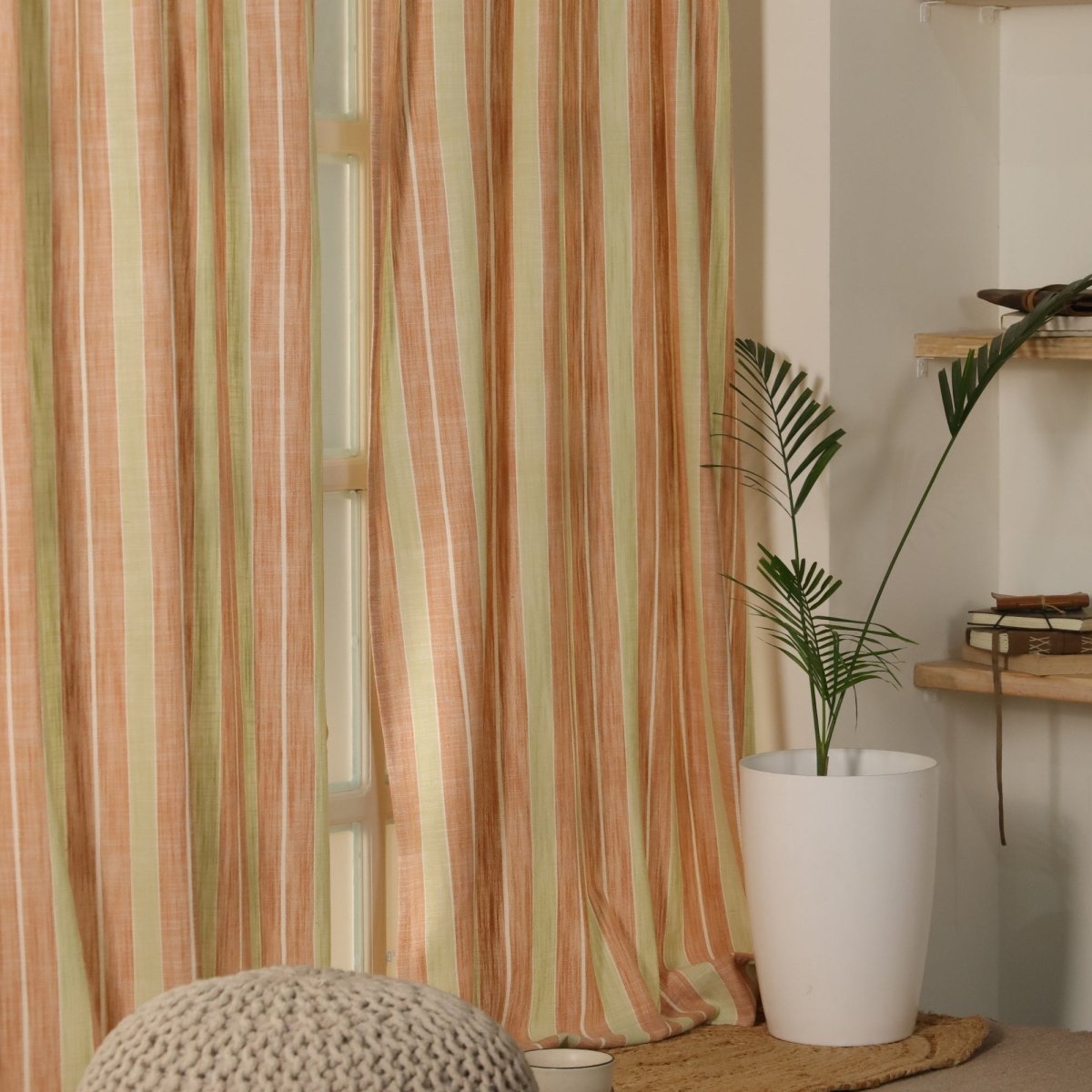 Rust & Green Handwoven Cotton Striped Curtain | 7 ft/9 ft Length