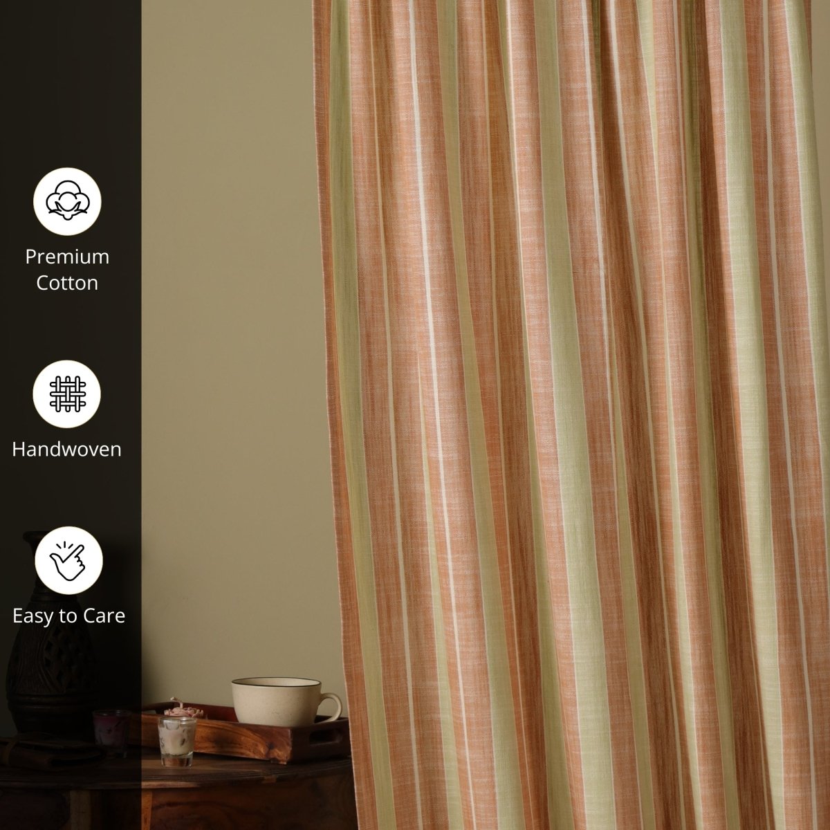 Rust & Green Handwoven Cotton Striped Curtain | 7 ft/9 ft Length