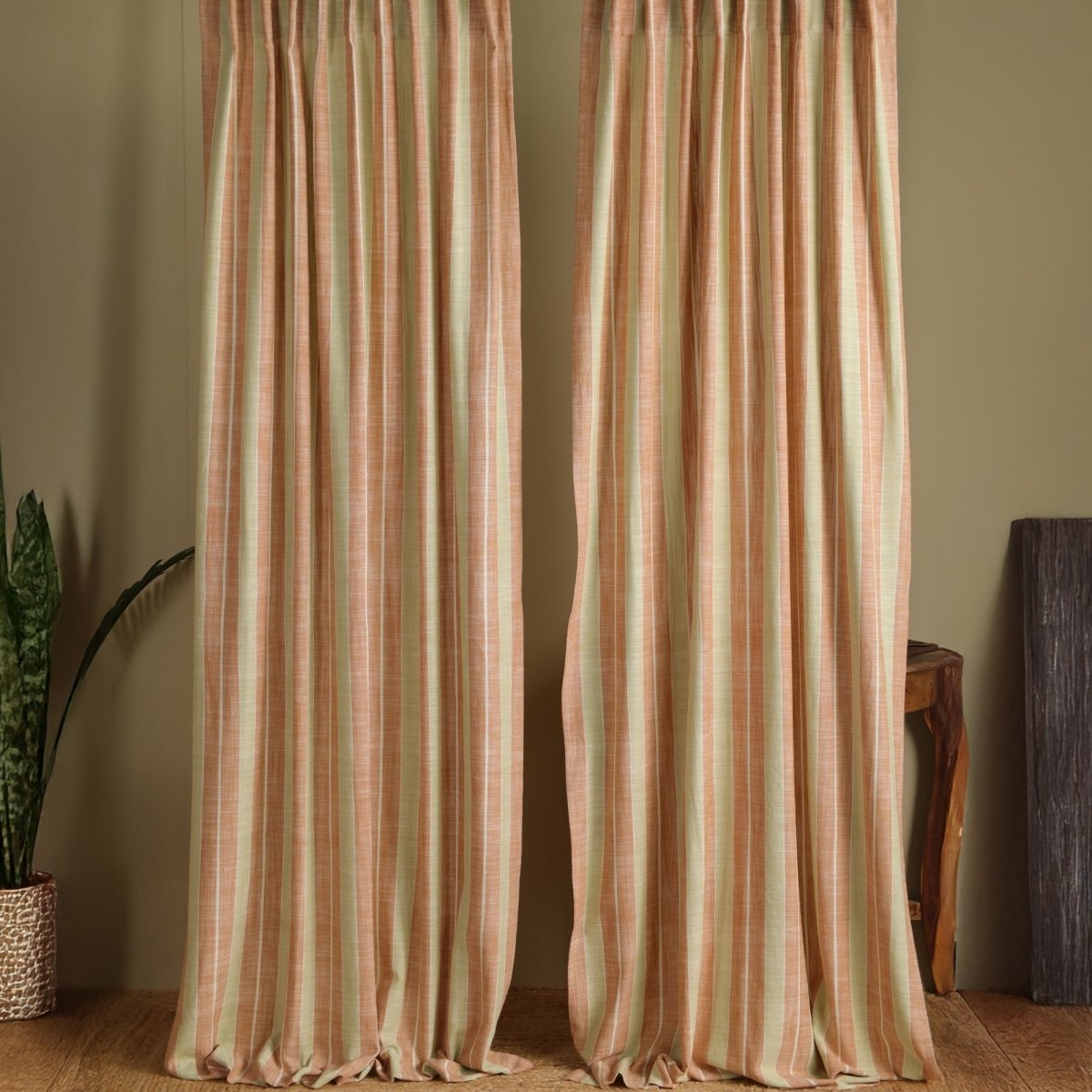 Rust & Green Handwoven Cotton Striped Curtain | 7 ft/9 ft Length
