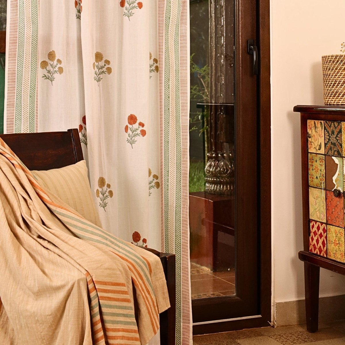 Rust, Mustard and Teal Sheer Cotton Window And Door Curtains | 5 / 7 ft | Marigold Collection