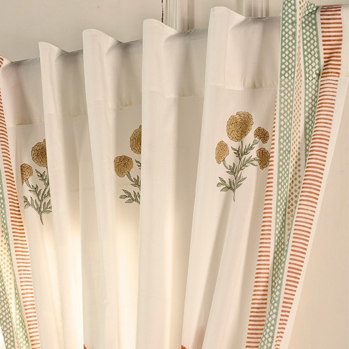Rust, Mustard and Teal Sheer Cotton Window And Door Curtains | 5 / 7 ft | Marigold Collection