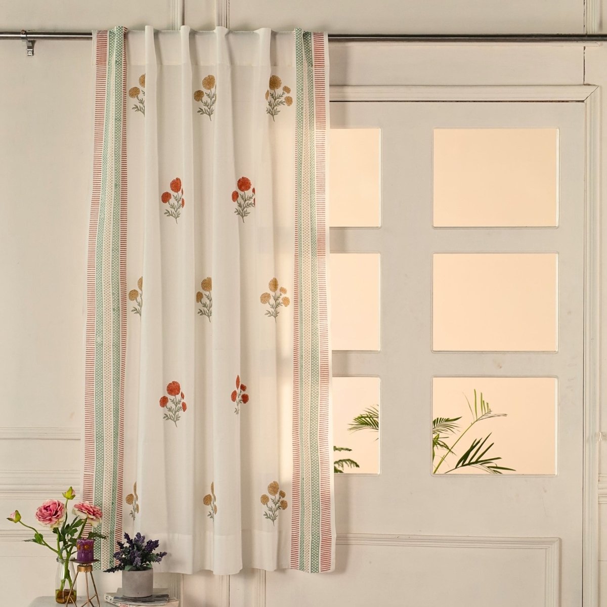 Rust, Mustard and Teal Sheer Cotton Window And Door Curtains | 5 / 7 ft | Marigold Collection