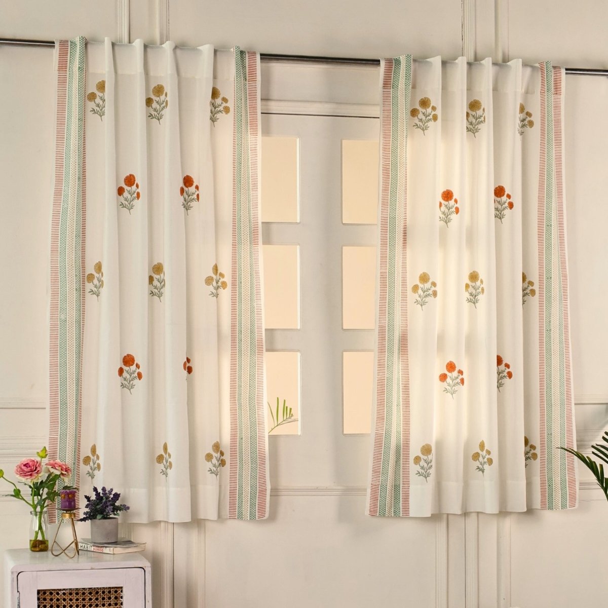 Rust, Mustard and Teal Sheer Cotton Window And Door Curtains | 5 / 7 ft | Marigold Collection