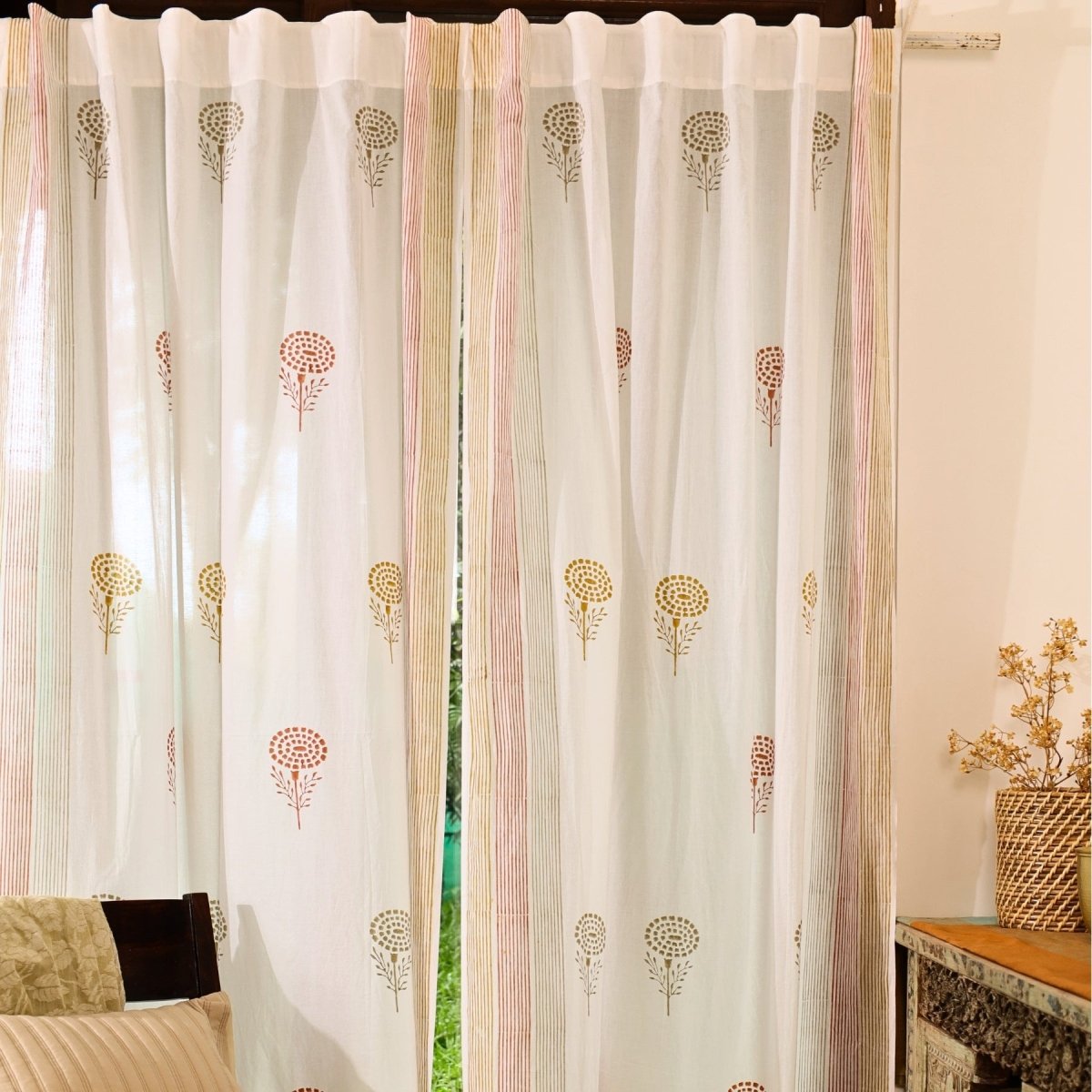 Rust, Mustard & Taupe Sheer Cotton Window And Door Curtains | 5 / 7 ft | Marigold Collection