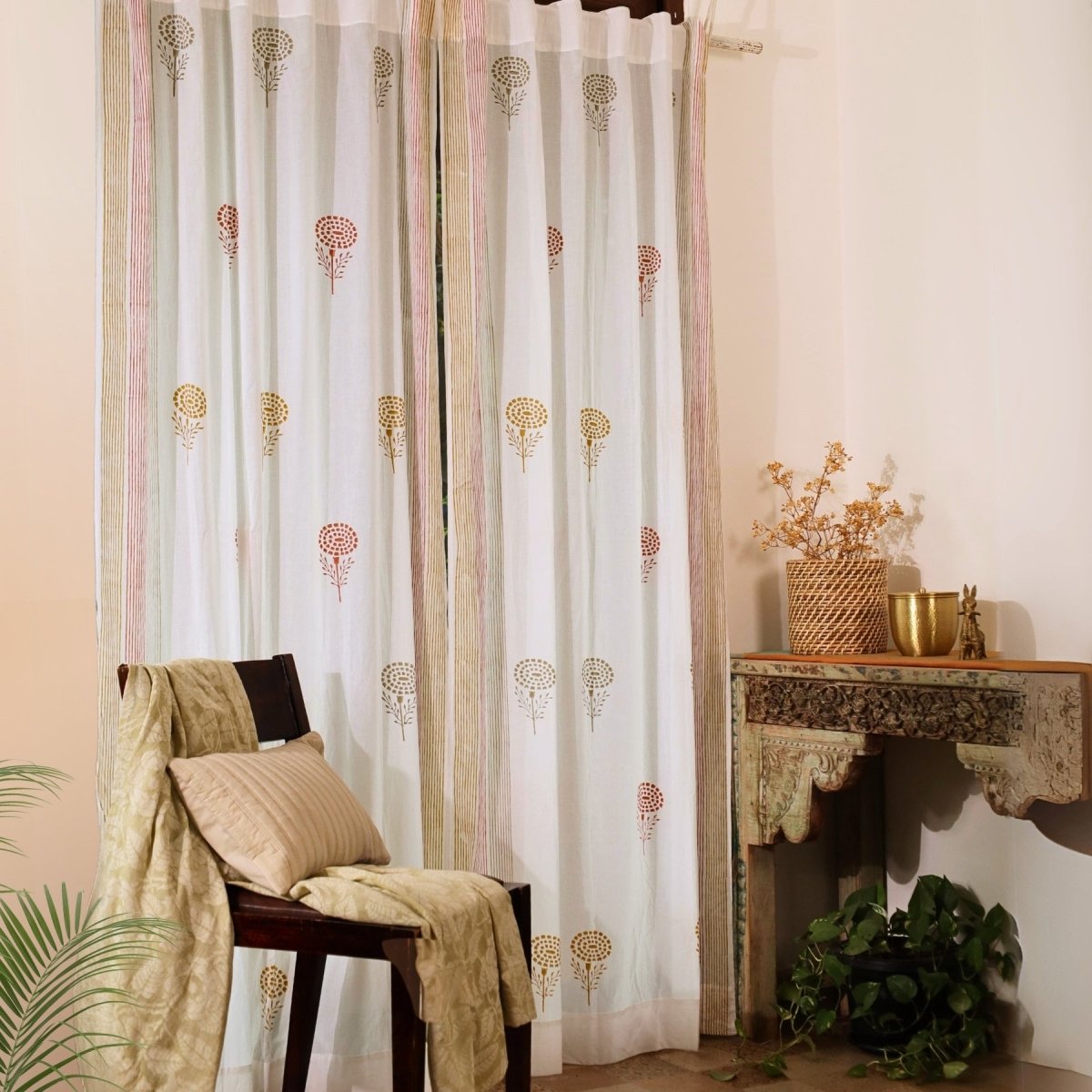 Rust, Mustard & Taupe Sheer Cotton Window And Door Curtains | 5 / 7 ft | Marigold Collection