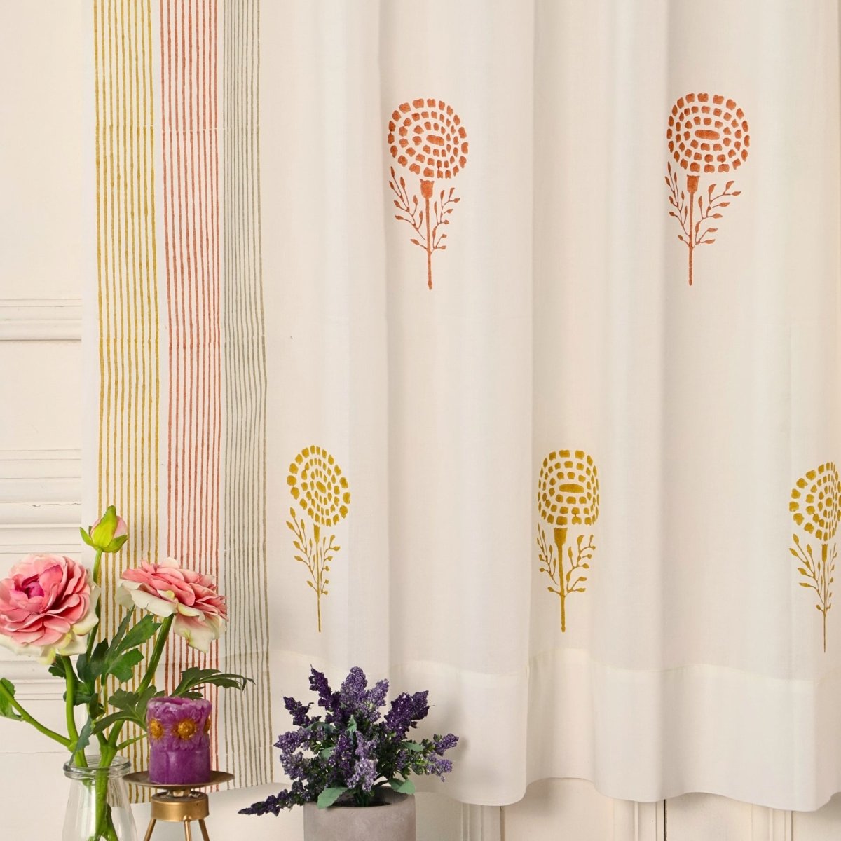 Rust, Mustard & Taupe Sheer Cotton Window And Door Curtains | 5 / 7 ft | Marigold Collection