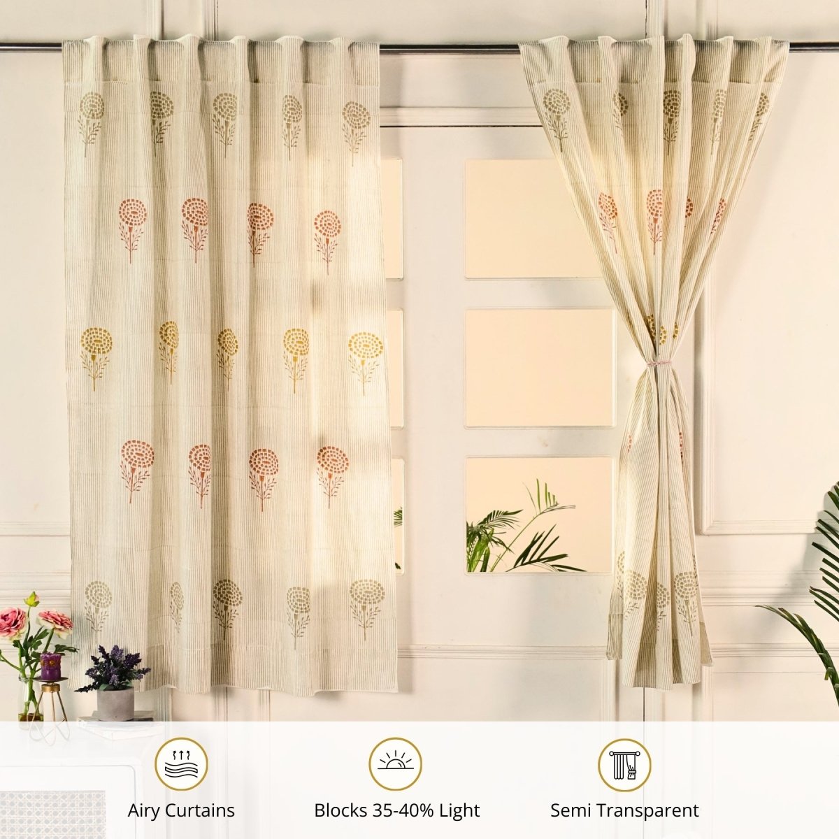 Rust, Mustard & Taupe Sheer Cotton Window And Door Curtains | 5 / 7 ft | Marigold Collection