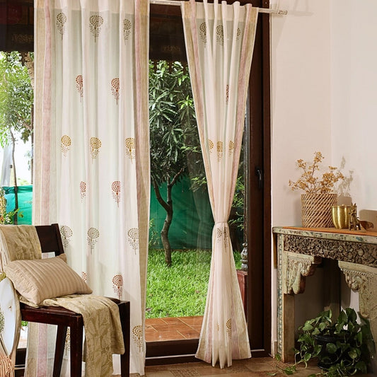 Rust, Mustard & Taupe Sheer Cotton Window And Door Curtains | 5 / 7 ft | Marigold Collection