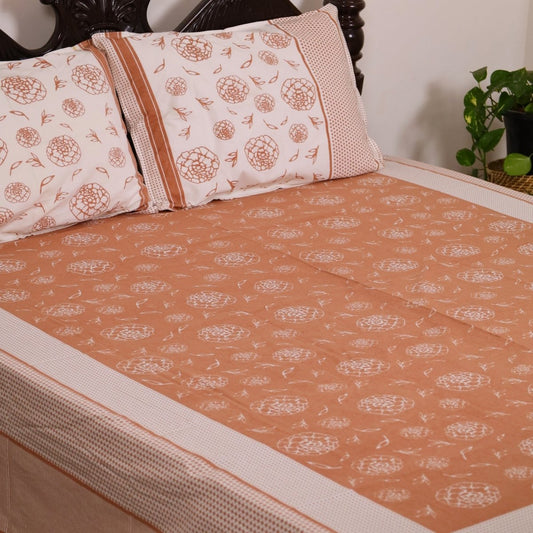 Rust & Off White Cotton Bedsheet with Pillow Cover | Marigold Collection