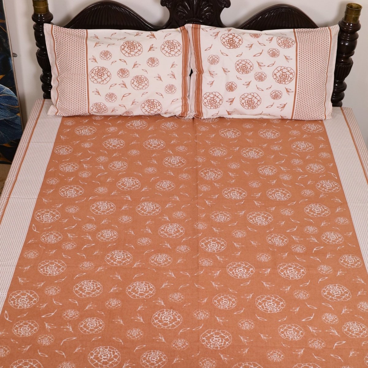Rust & Off White Cotton Bedsheet with Pillow Cover | Marigold Collection