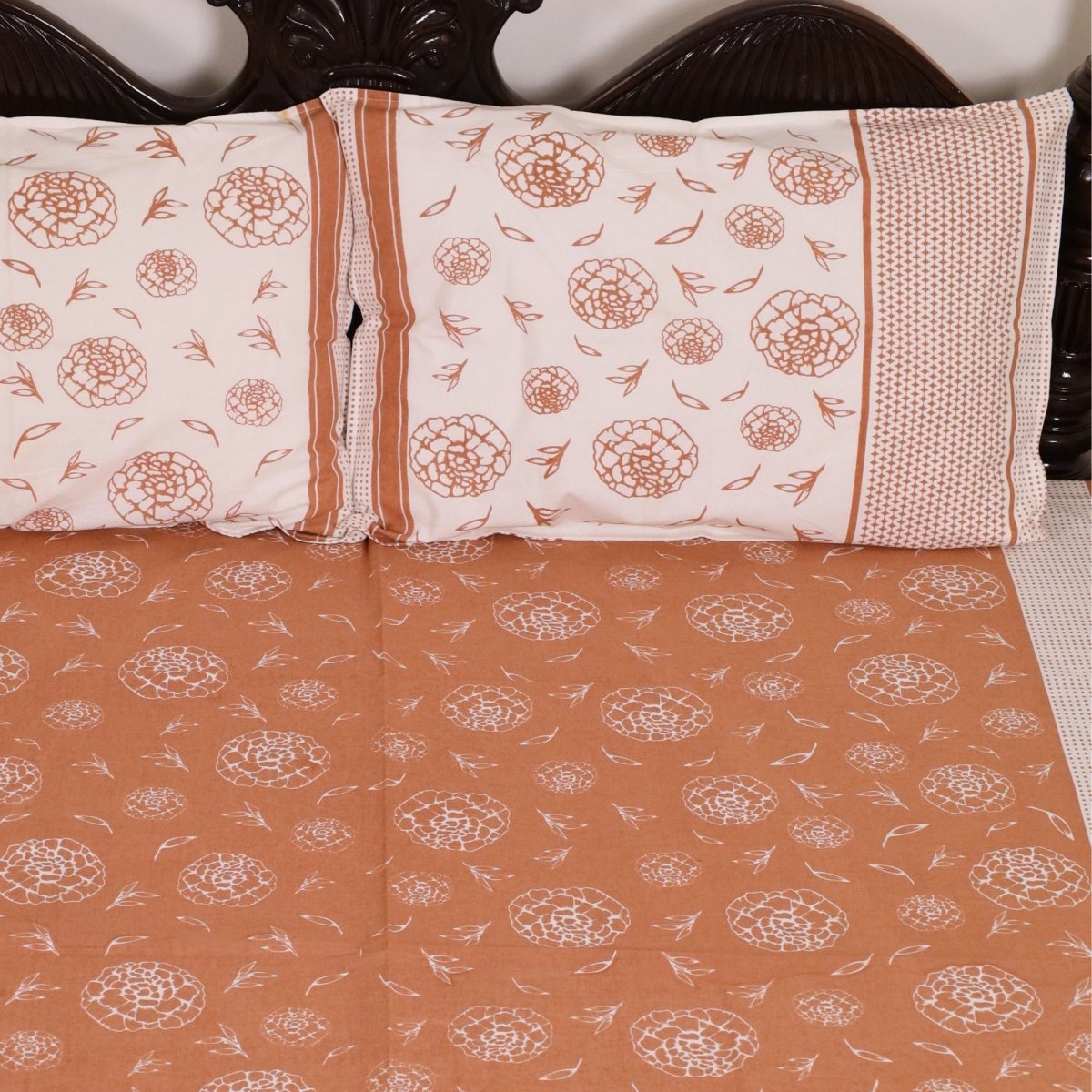 Rust & Off White Cotton Bedsheet with Pillow Cover | Marigold Collection