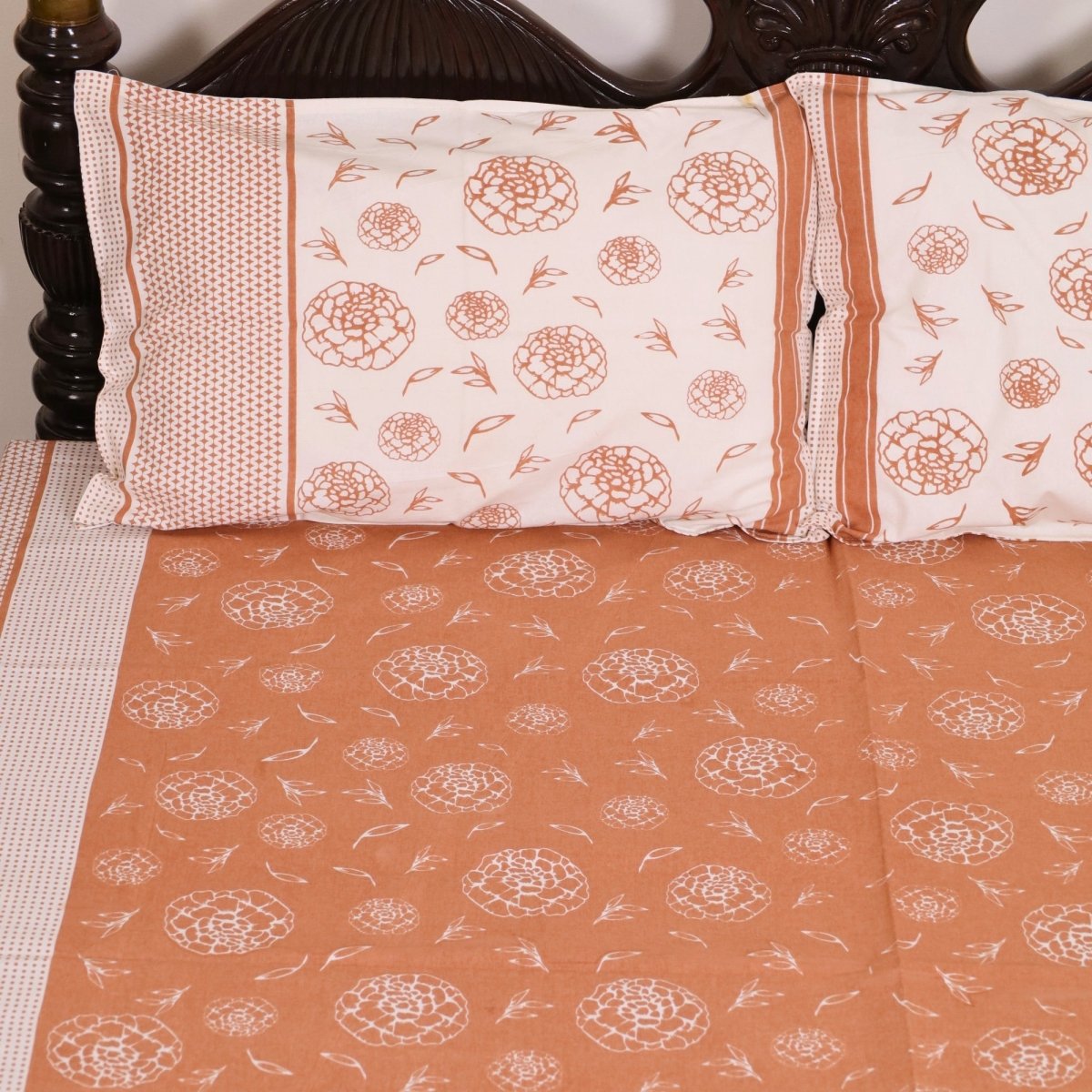 Rust & Off White Cotton Bedsheet with Pillow Cover | Marigold Collection