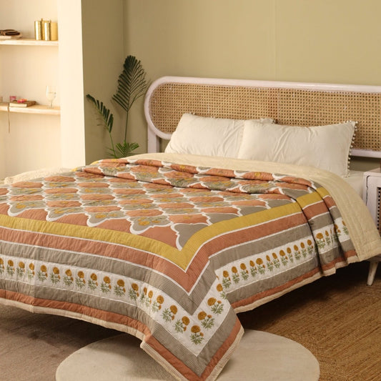 Rust & Taupe Handprinted Quilt | Single, Queen Bed Quilt | Marigold Collection