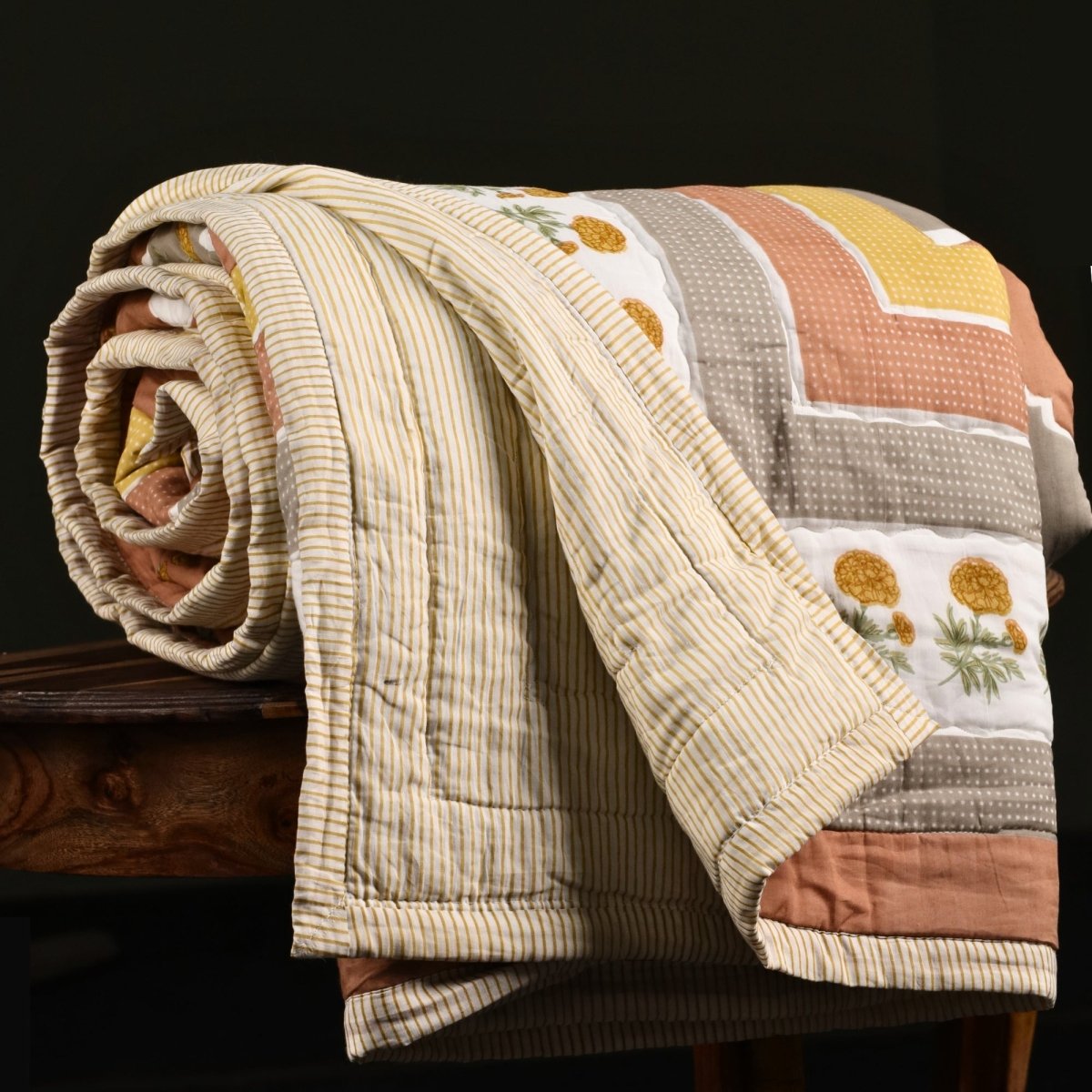 Rust & Taupe Handprinted Quilt | Single, Queen Bed Quilt | Marigold Collection