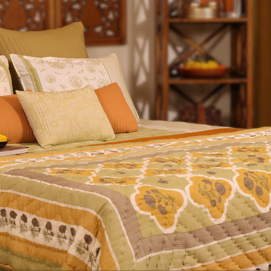 Sage Green and Mustard Fine Cotton Quilt | Marigold Collection