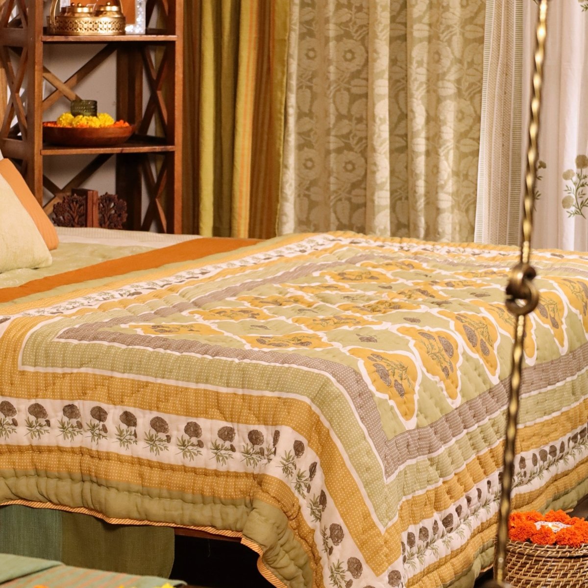 Sage Green and Mustard Fine Cotton Quilt | Marigold Collection