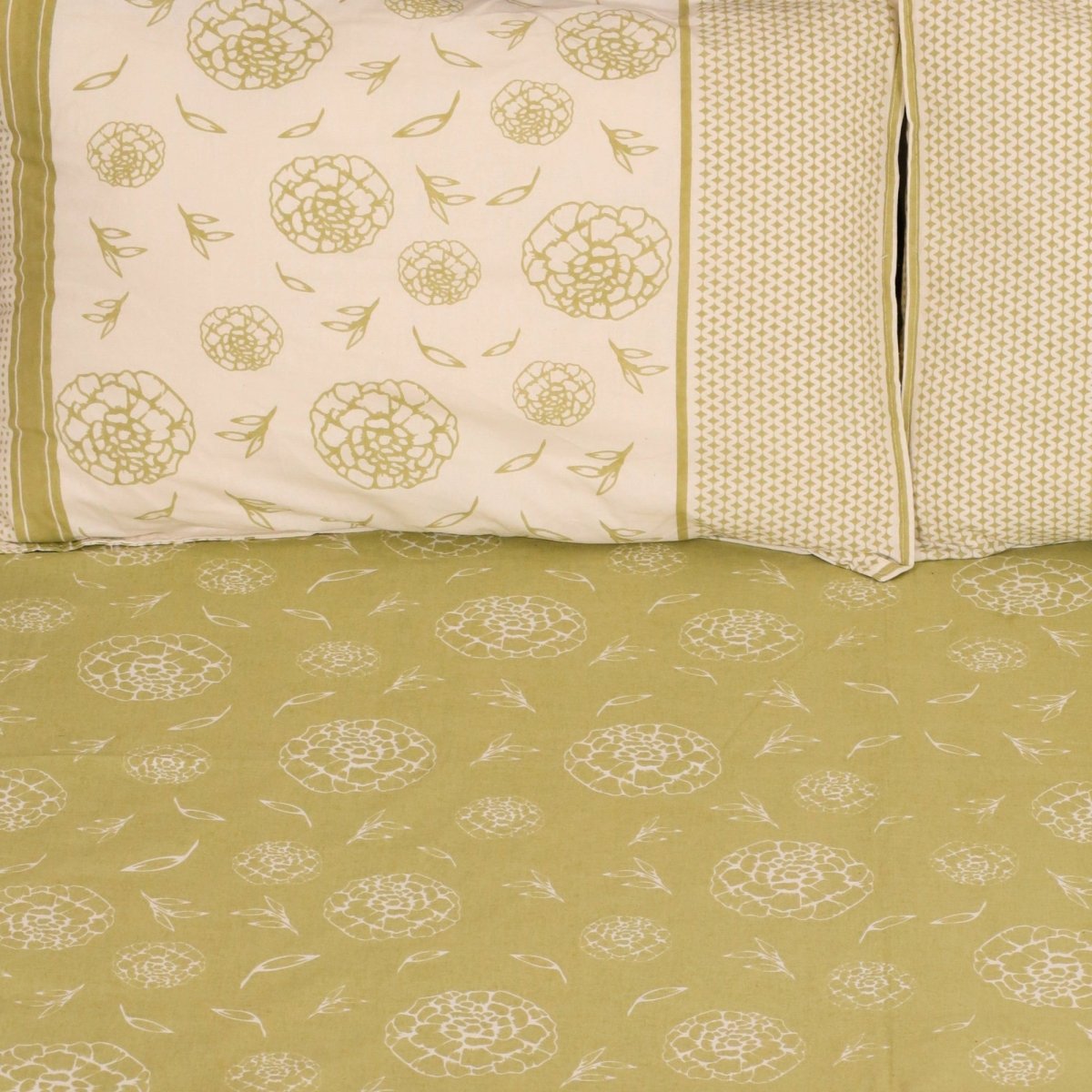 Sage Green & Off White Cotton Bedsheet with Pillow Cover | Marigold Collection