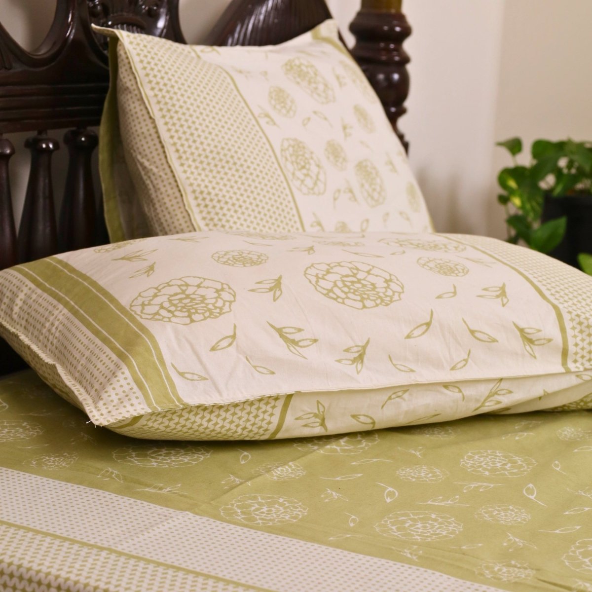 Sage Green & Off White Cotton Bedsheet with Pillow Cover | Marigold Collection