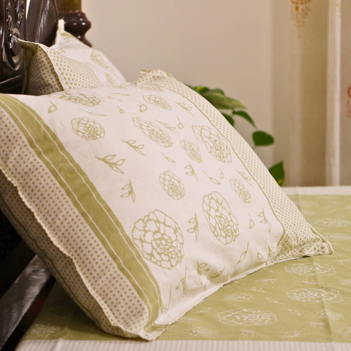 Sage Green & Off White Cotton Bedsheet with Pillow Cover | Marigold Collection