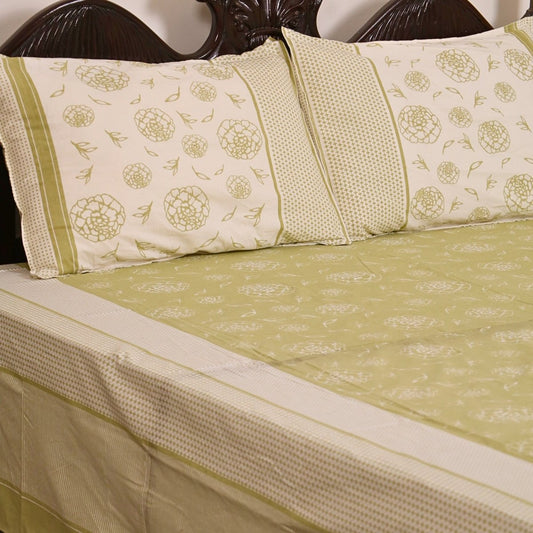 Sage Green & Off White Cotton Bedsheet with Pillow Cover | Marigold Collection