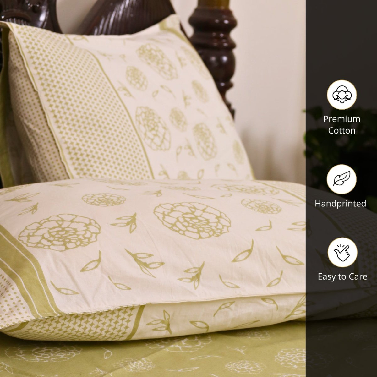 Sage Green & Off White Cotton Bedsheet with Pillow Cover | Marigold Collection
