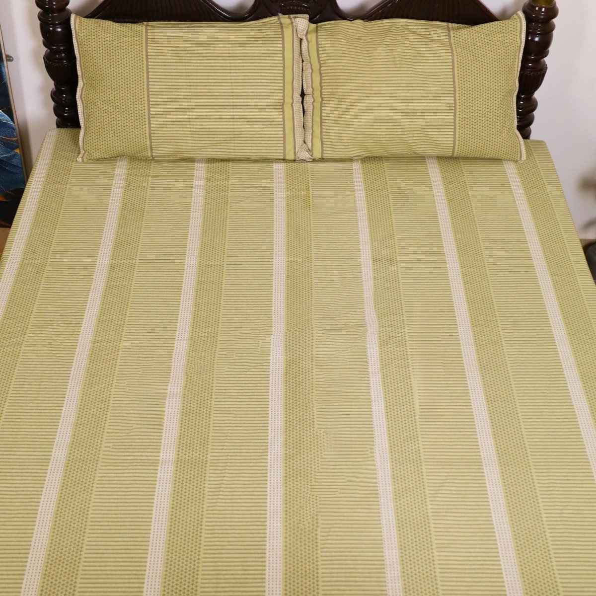 Sage Green & White Textured Cotton Bedsheet and Pillow Cover | Marigold Collection