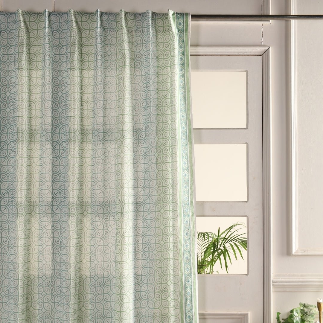 Sheer Cotton Window And Door Curtains With Hand Block Print In Light Green & White | 5 / 7 ft|  Handmade In India