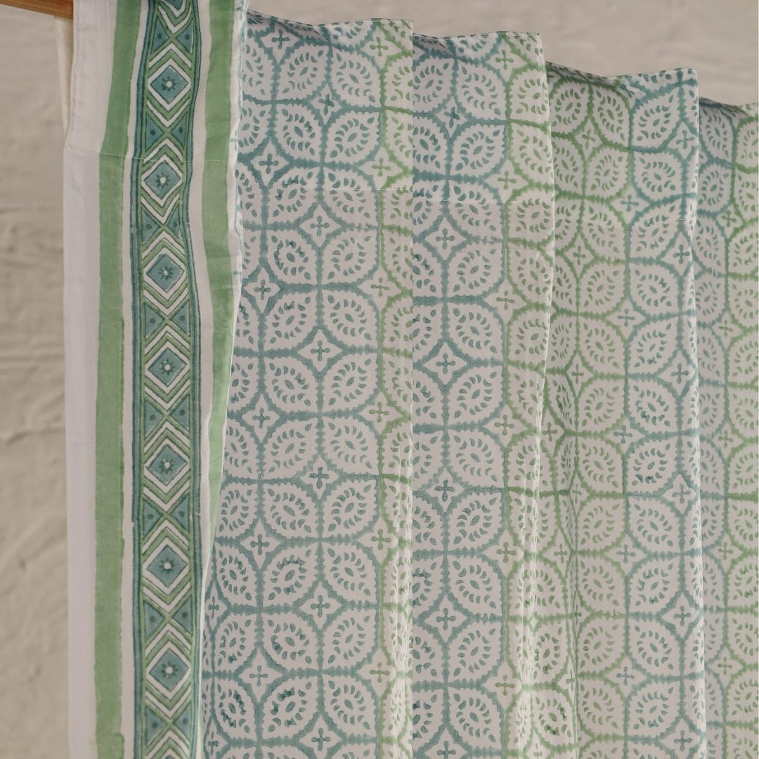 Sheer Cotton Window And Door Curtains With Hand Block Print In Light Green & White | 5 / 7 ft|  Handmade In India
