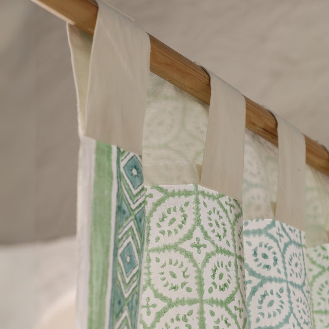 Sheer Cotton Window And Door Curtains With Hand Block Print In Light Green & White | 5 / 7 ft|  Handmade In India